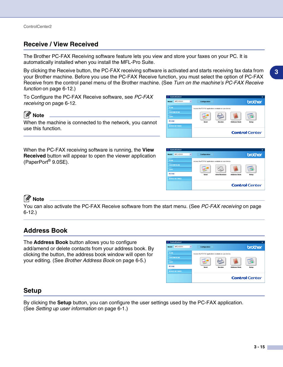 Receive / view received, Address book, Setup | 3receive / view received | Brother MFC-9420CN User Manual | Page 65 / 145
