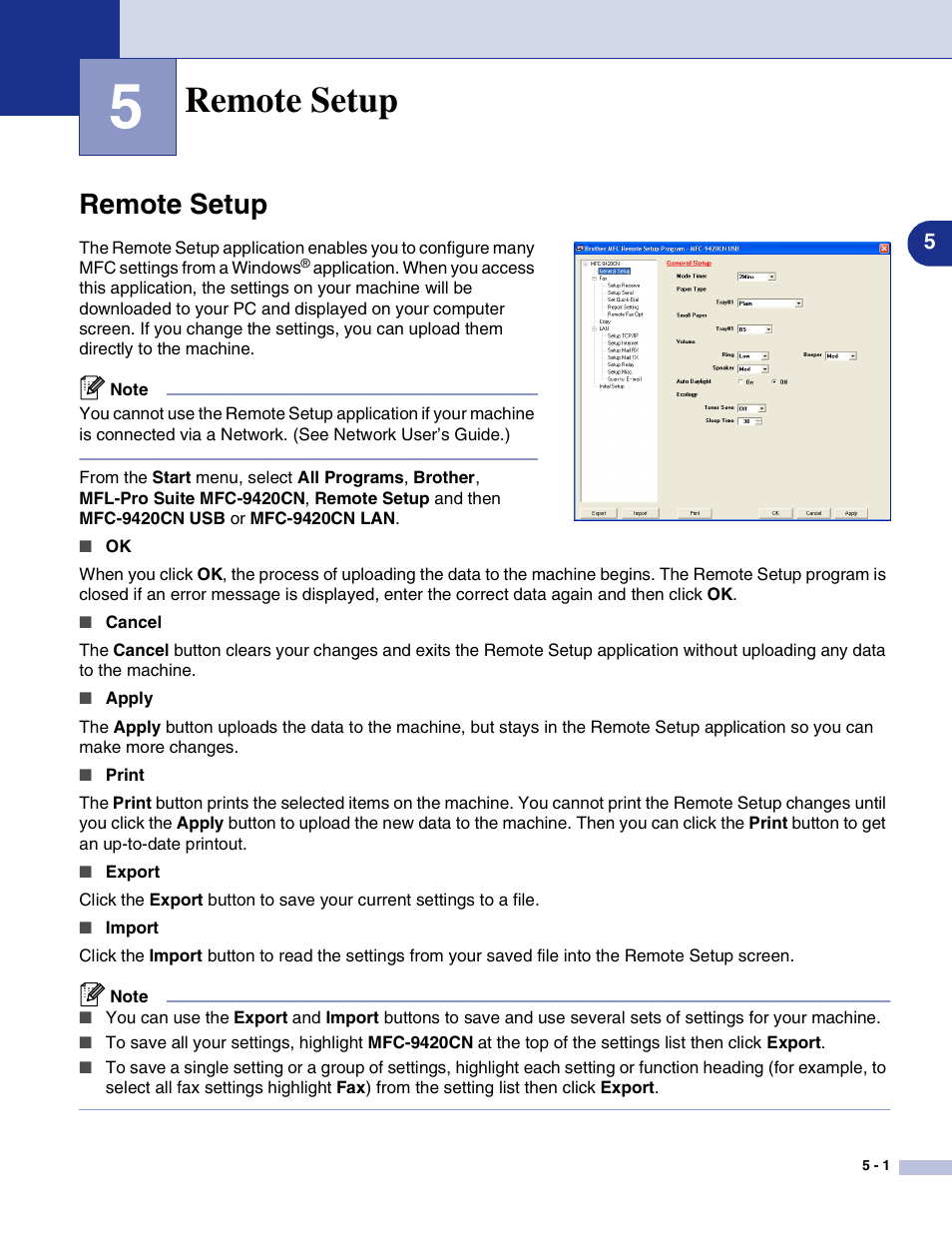 5 remote setup, Remote setup, Remote setup -1 | Brother MFC-9420CN User Manual | Page 74 / 145