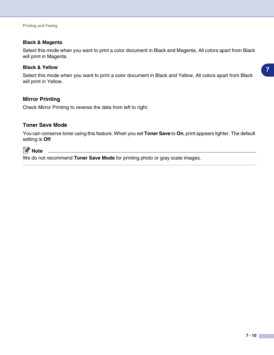Mirror printing, Toner save mode | Brother MFC-9420CN User Manual | Page 98 / 145