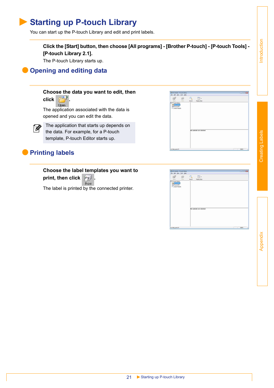 Starting up p-touch library, Opening and editing data, Printing labels | Brother PT-3600 User Manual | Page 21 / 31