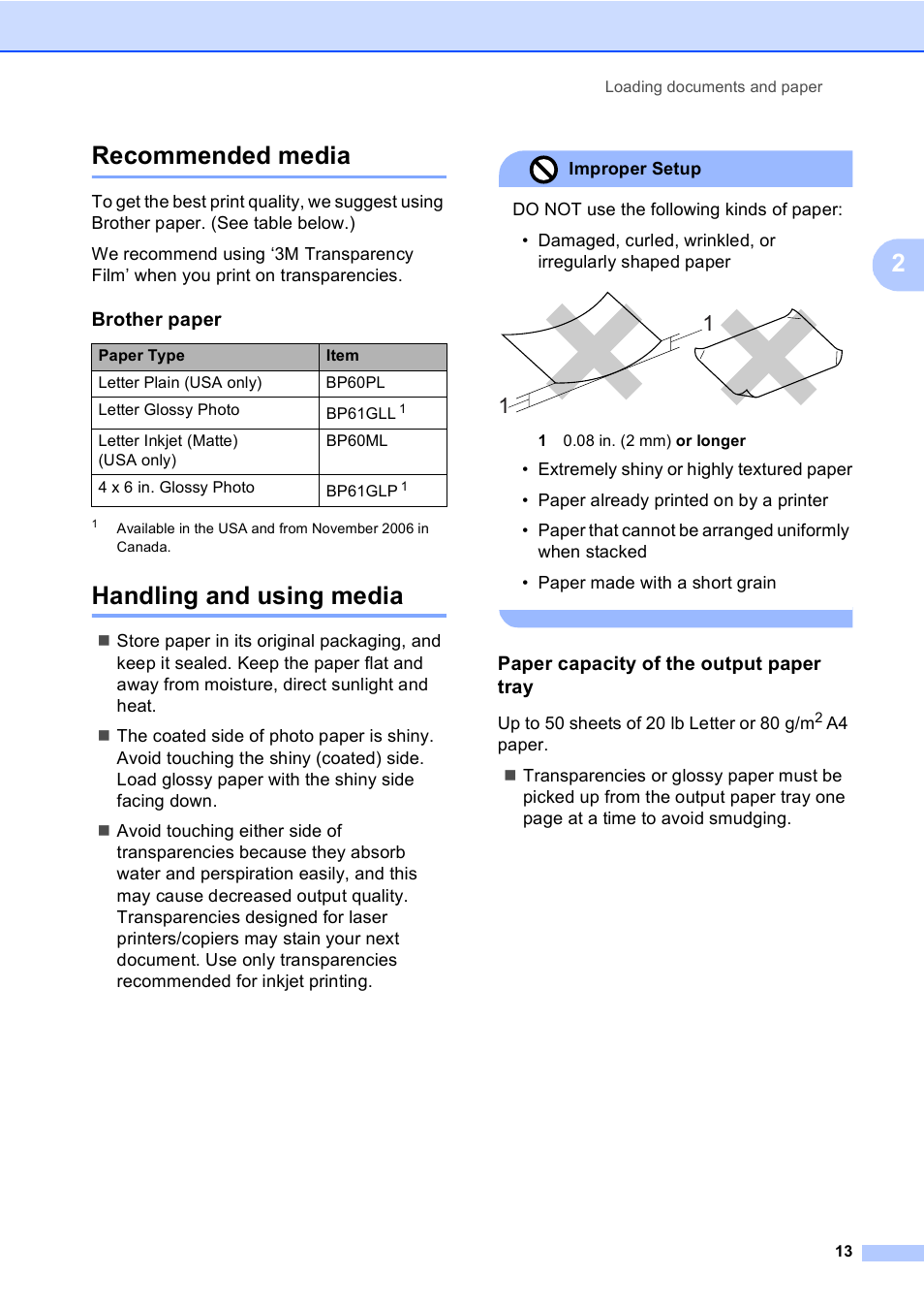 Recommended media, Handling and using media, Paper capacity of the output paper tray | Recommended media handling and using media, 2recommended media | Brother MFC-5860CN User Manual | Page 29 / 169