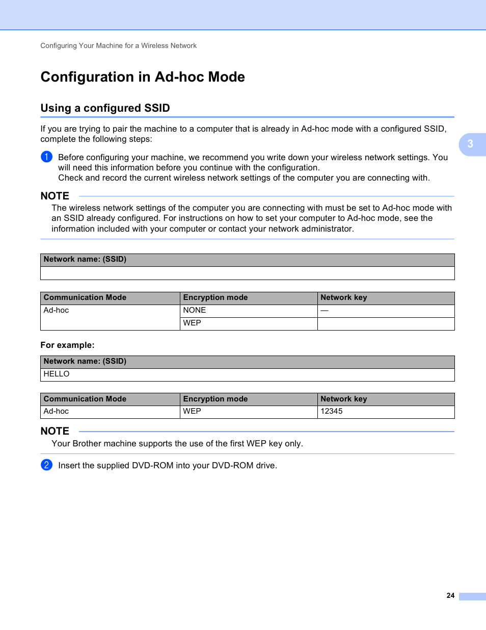 Configuration in ad-hoc mode, Using a configured ssid | Brother ADS-1000W User Manual | Page 27 / 70