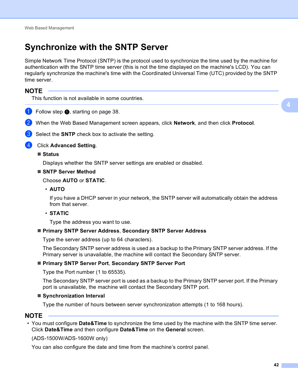 Synchronize with the sntp server | Brother ADS-1000W User Manual | Page 45 / 70