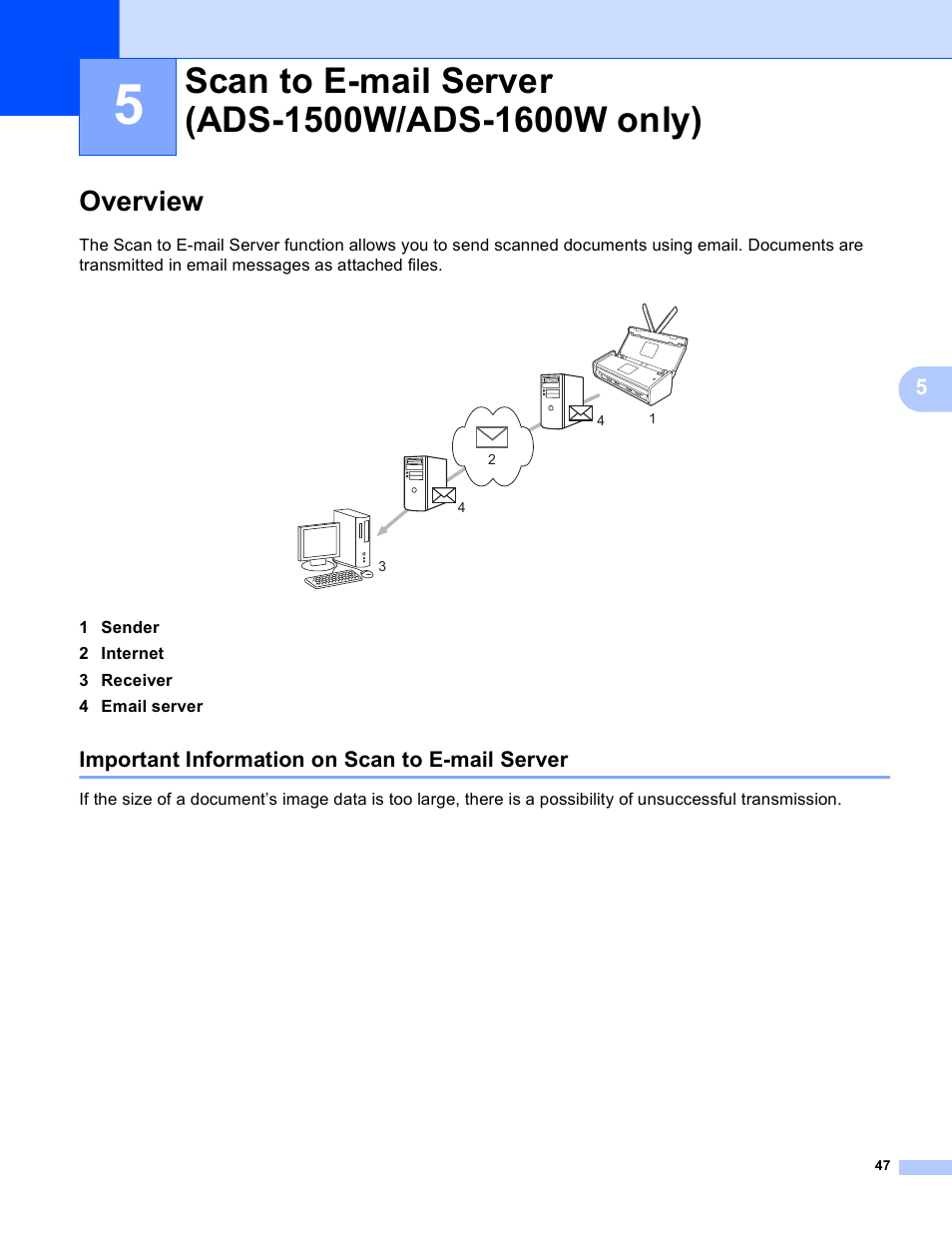 5 scan to e-mail server (ads-1500w/ads-1600w only), Overview, Important information on scan to e-mail server | Scan to e-mail server (ads-1500w/ads-1600w only) | Brother ADS-1000W User Manual | Page 50 / 70