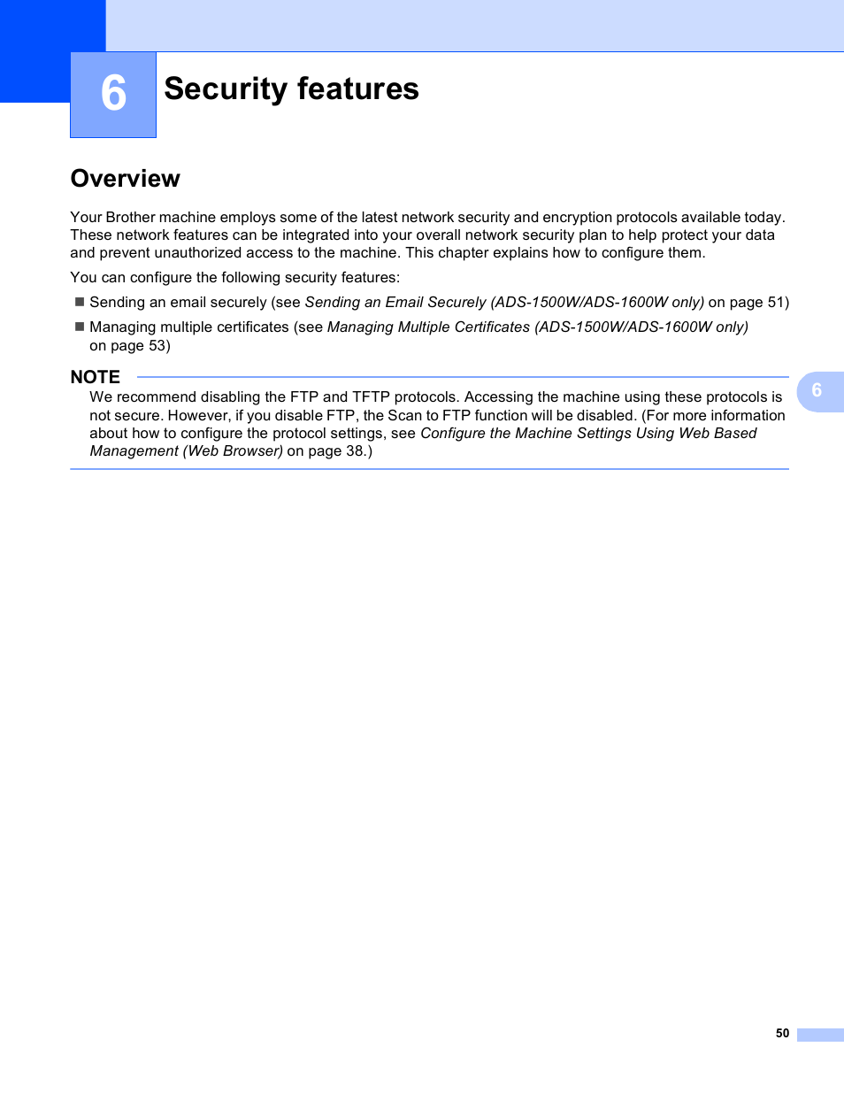 6 security features, Overview, Security features | Brother ADS-1000W User Manual | Page 53 / 70