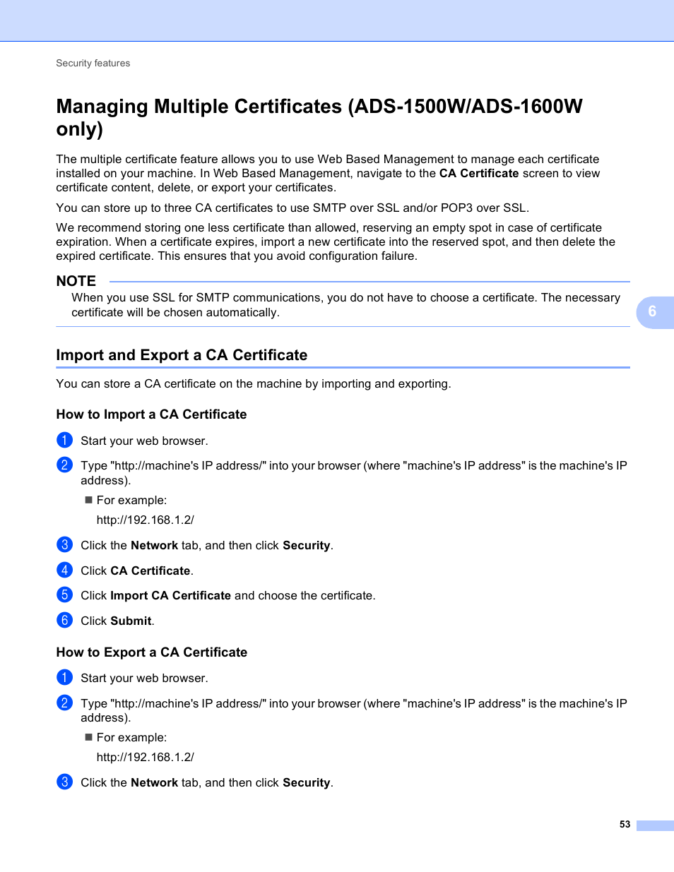 Import and export a ca certificate, How to import a ca certificate, How to export a ca certificate | Brother ADS-1000W User Manual | Page 56 / 70
