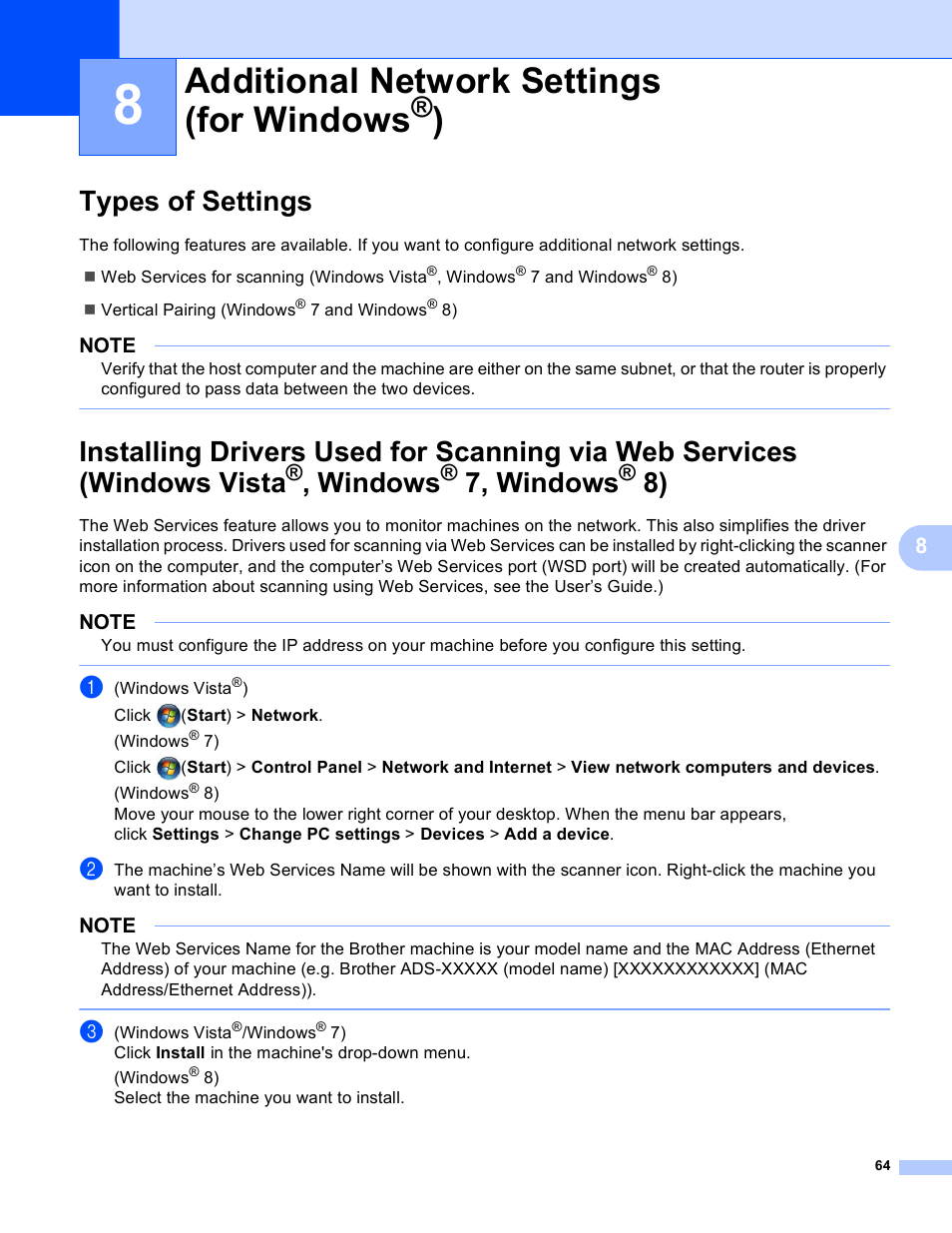 8 additional network settings (for windows®), Types of settings, Additional network settings (for windows | Windows vista, Windows, 7, windows | Brother ADS-1000W User Manual | Page 67 / 70