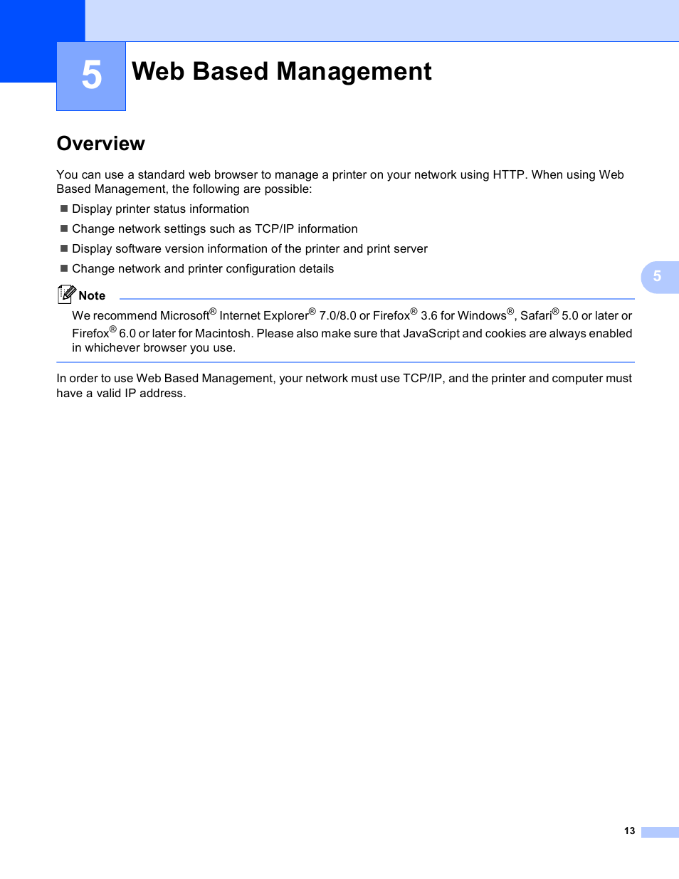 5 web based management, Overview, Web based management | Brother QL-720NW User Manual | Page 18 / 48