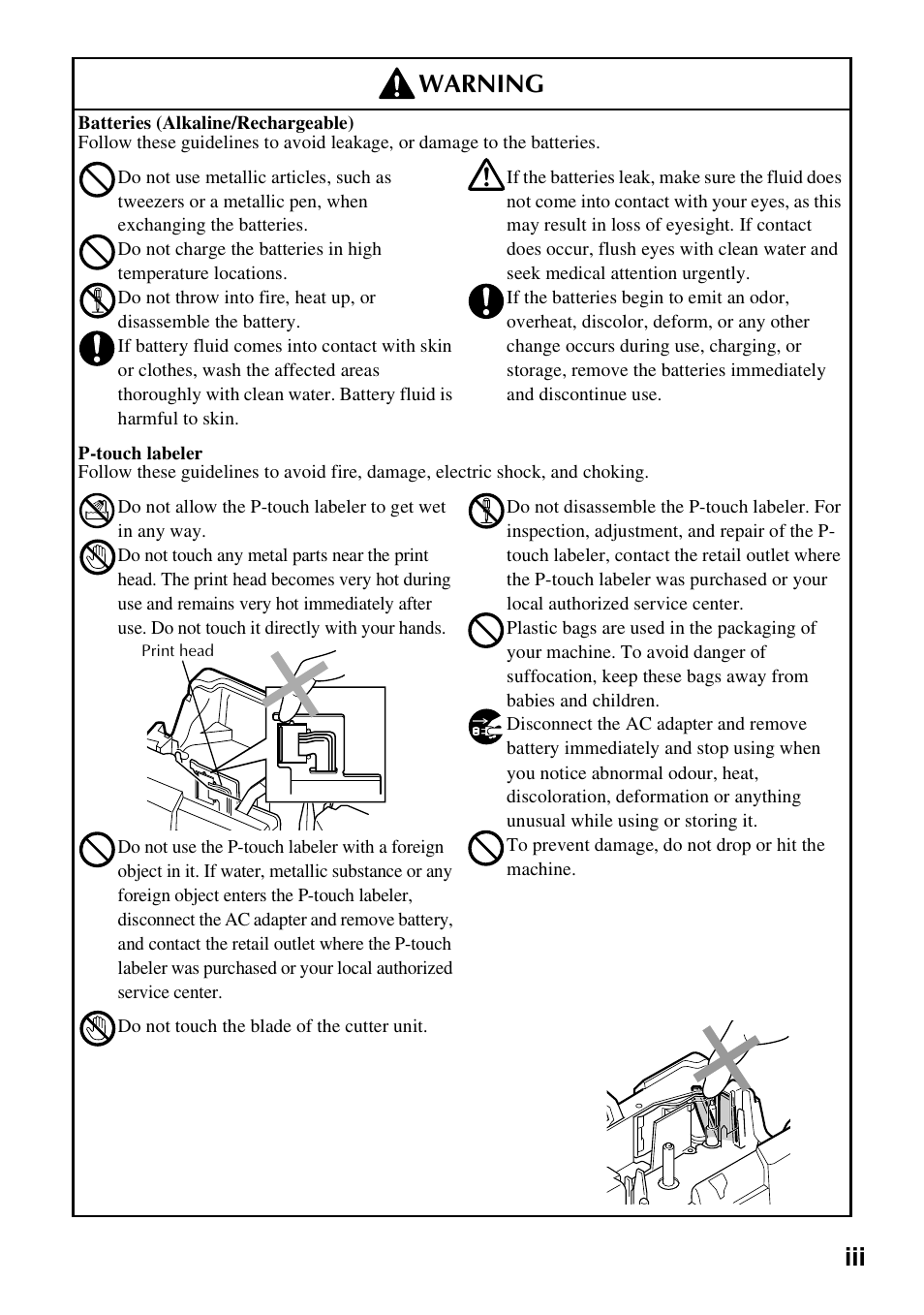 Warning | Brother PT-7500 User Manual | Page 10 / 103