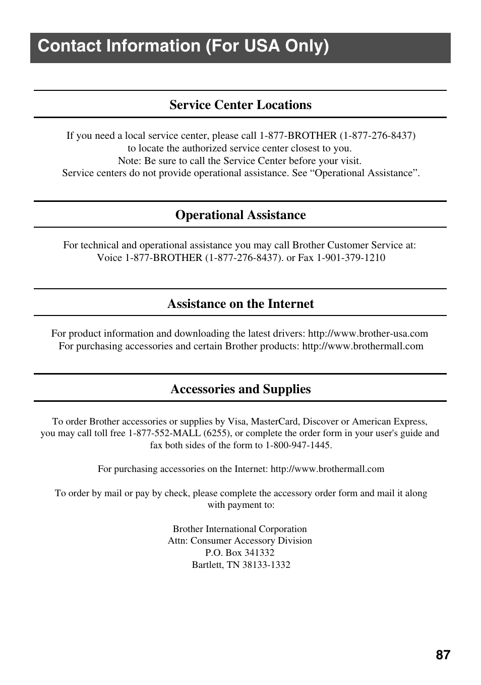 Contact information (for usa only) | Brother PT-7500 User Manual | Page 102 / 103