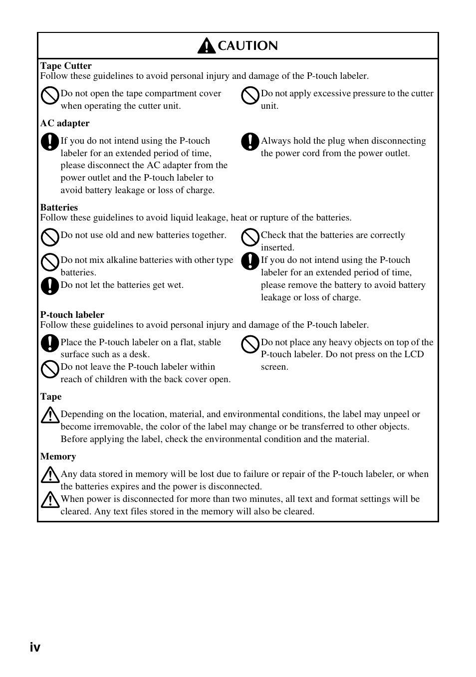 Iv caution | Brother PT-7500 User Manual | Page 11 / 103