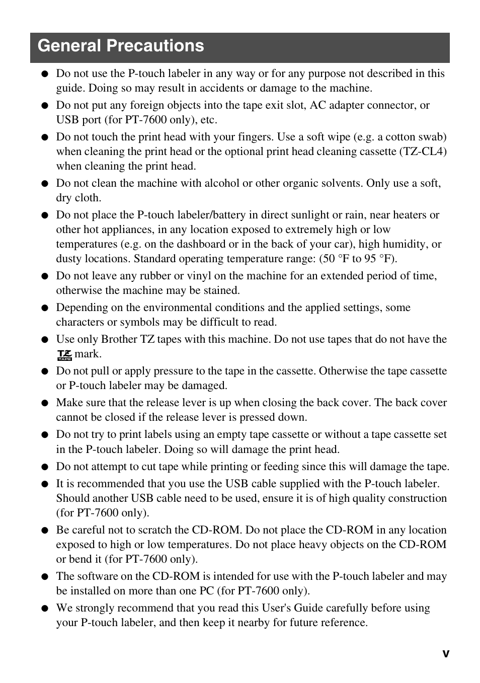 General precautions | Brother PT-7500 User Manual | Page 12 / 103