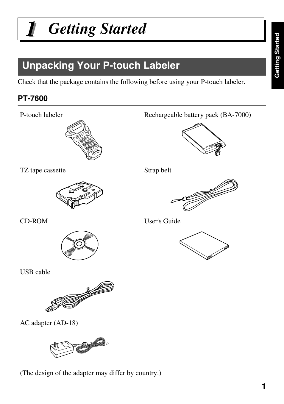 Getting started, Unpacking your p-touch labeler | Brother PT-7500 User Manual | Page 16 / 103