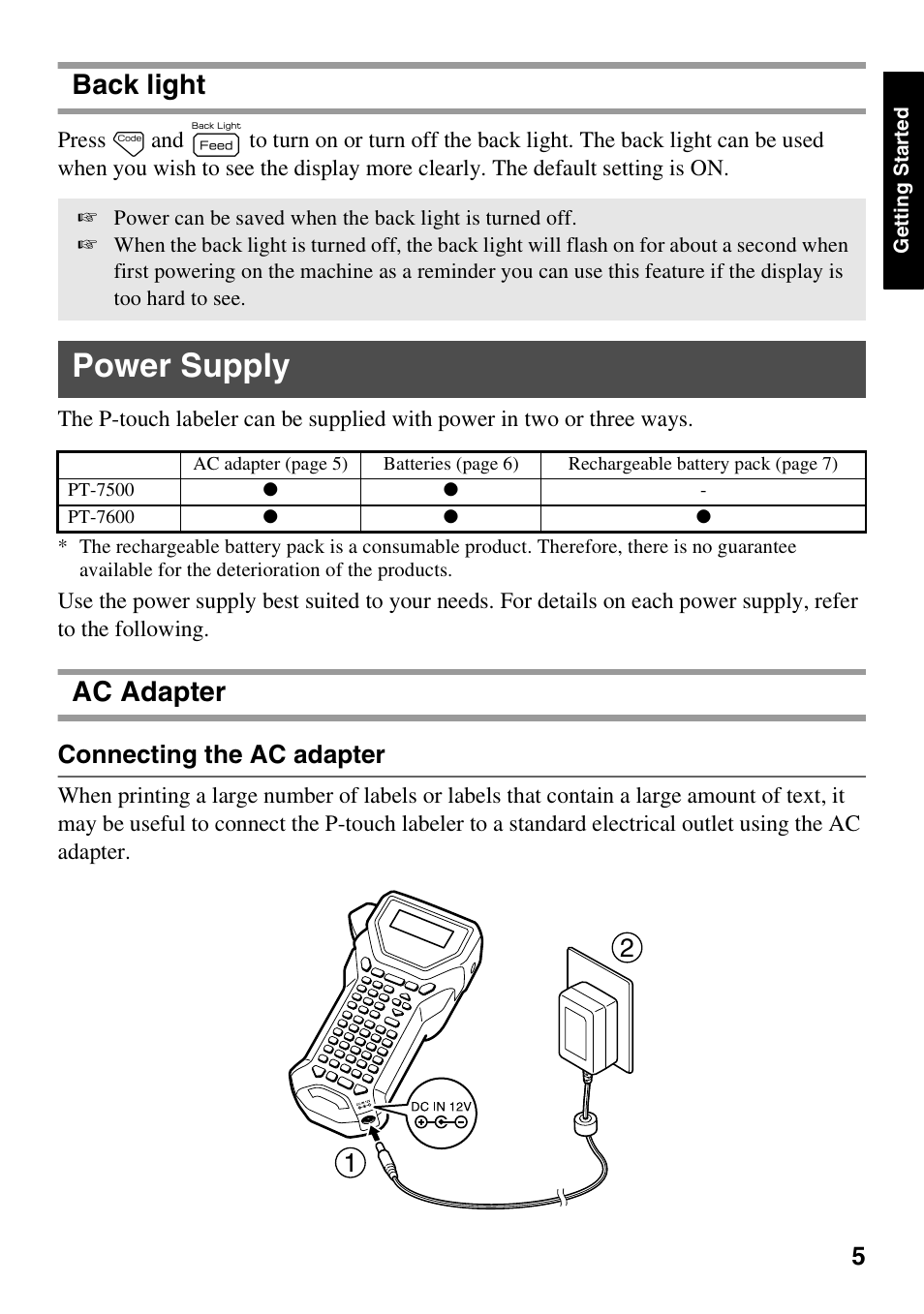 Power supply, Back light, Ac adapter | Connecting the ac adapter | Brother PT-7500 User Manual | Page 20 / 103