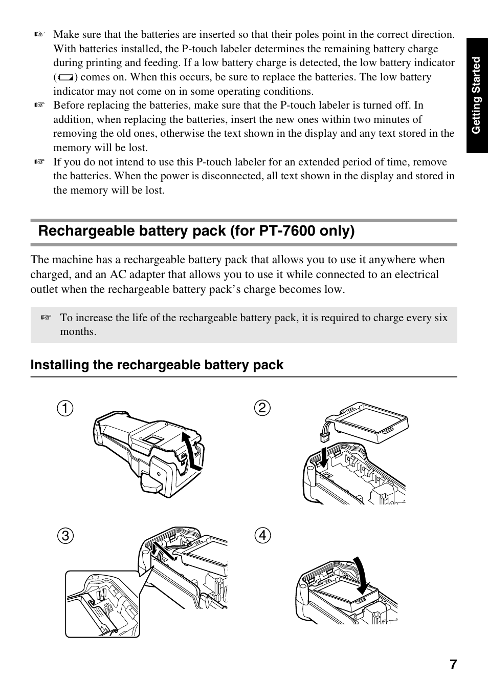 Rechargeable battery pack (for pt-7600 only) | Brother PT-7500 User Manual | Page 22 / 103