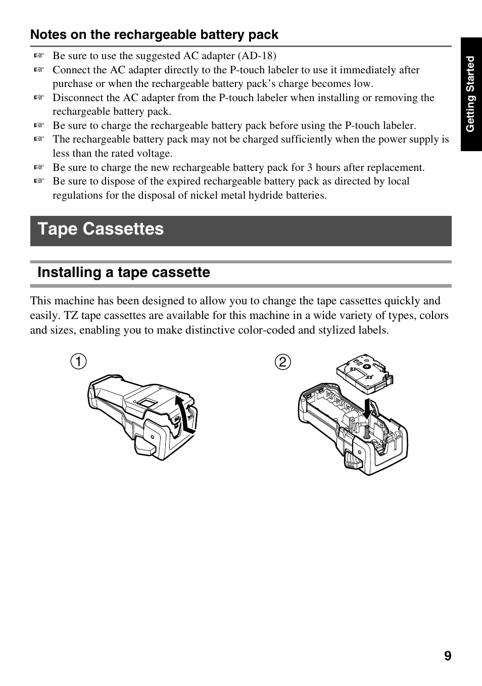 Tape cassettes, Installing a tape cassette | Brother PT-7500 User Manual | Page 24 / 103