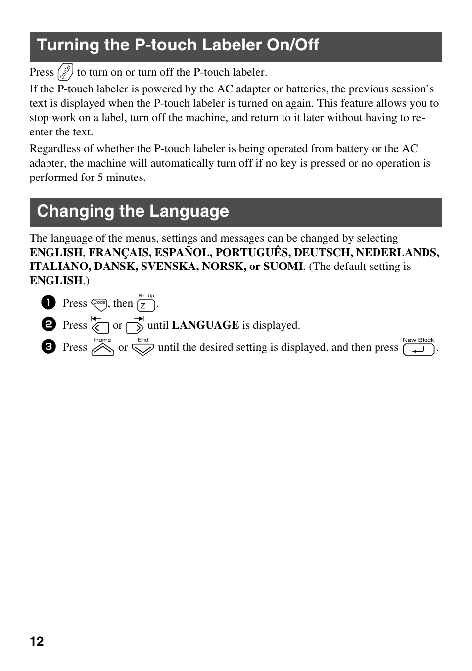 Turning the p-touch labeler on/off, Changing the language | Brother PT-7500 User Manual | Page 27 / 103