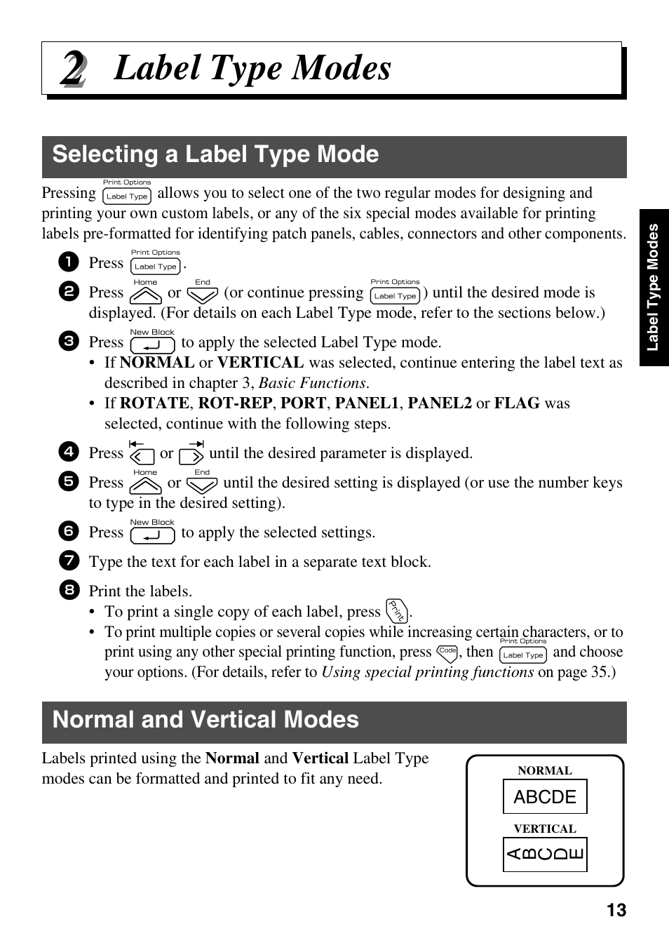Label type modes, Selecting a label type mode, Normal and vertical modes | Brother PT-7500 User Manual | Page 28 / 103