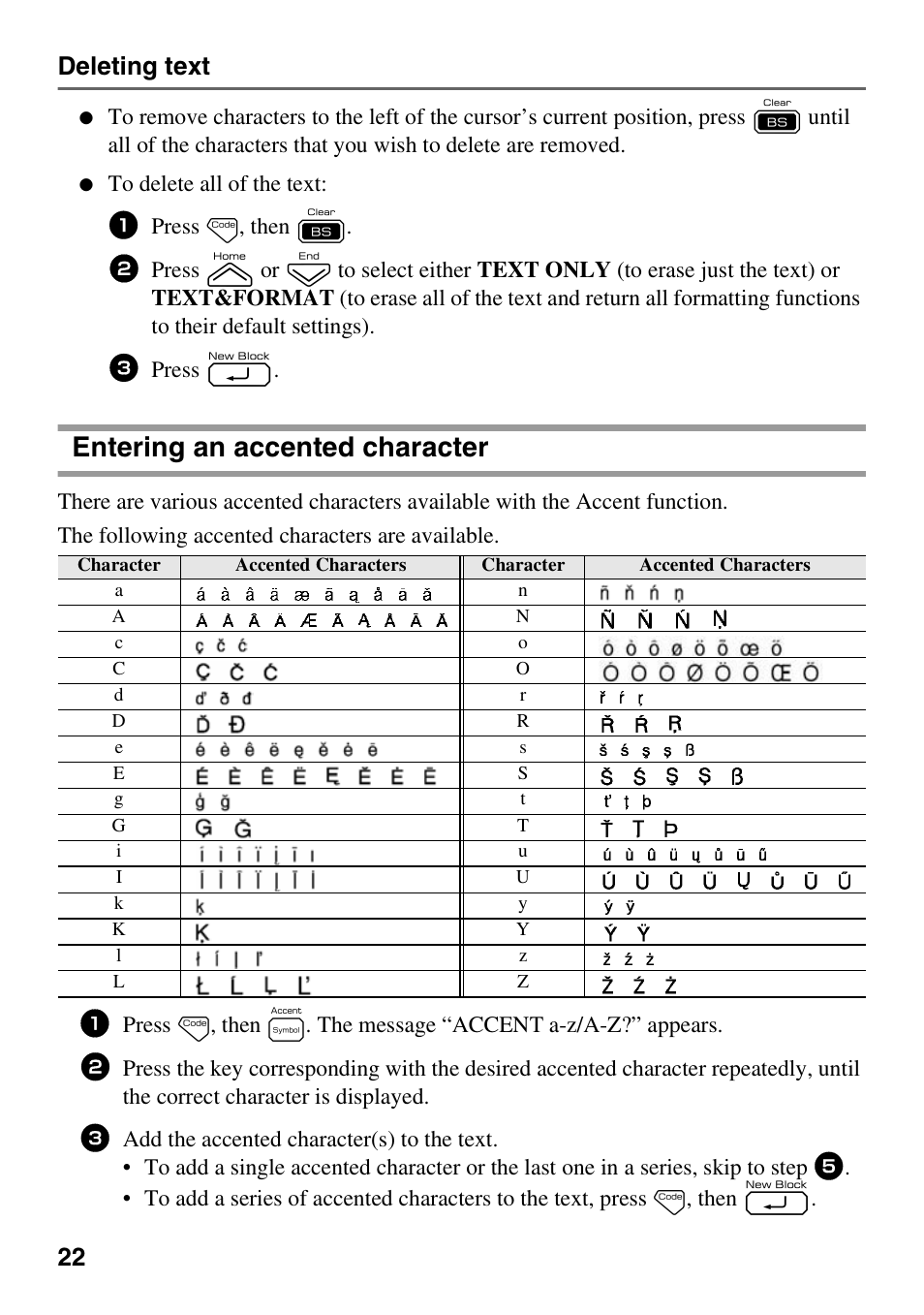 Entering an accented character, 22 deleting text | Brother PT-7500 User Manual | Page 37 / 103