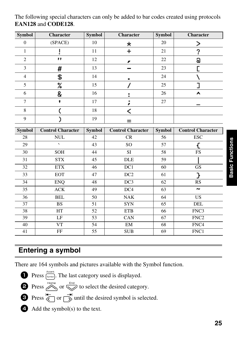 Entering a symbol, Press s. the last category used is displayed, Press u or d to select the desired category | Press l or r until the desired symbol is selected, Add the symbol(s) to the text | Brother PT-7500 User Manual | Page 40 / 103