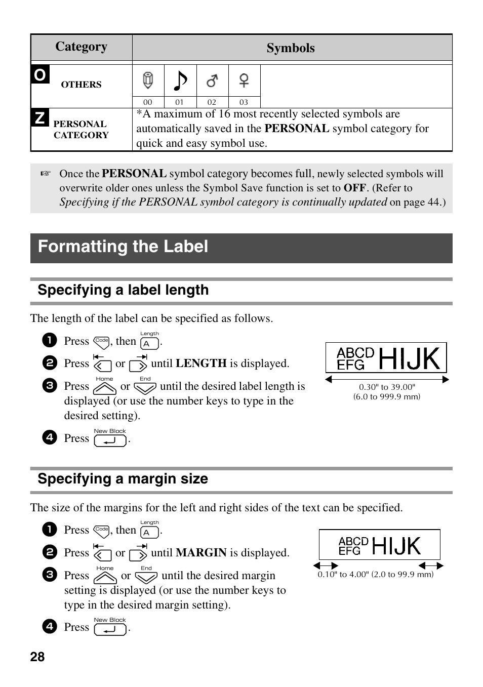 Formatting the label, Specifying a label length, Specifying a margin size | Category symbols | Brother PT-7500 User Manual | Page 43 / 103