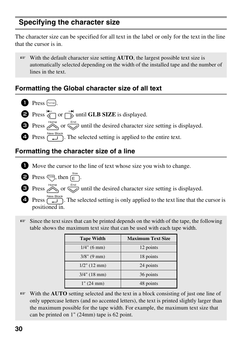 Specifying the character size, Formatting the global character size of all text, Formatting the character size of a line | Brother PT-7500 User Manual | Page 45 / 103