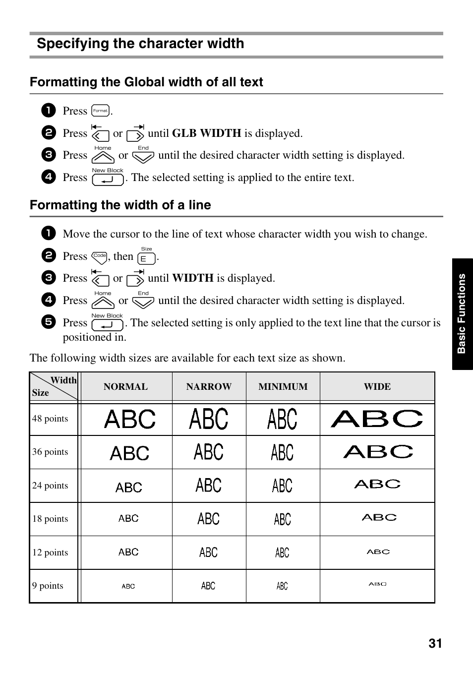 Specifying the character width, Formatting the global width of all text, Formatting the width of a line | Brother PT-7500 User Manual | Page 46 / 103