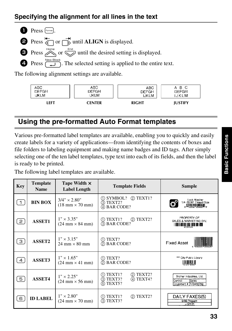 Using the pre-formatted auto format templates, Specifying the alignment for all lines in the text, Press t | Press l or r until align is displayed | Brother PT-7500 User Manual | Page 48 / 103