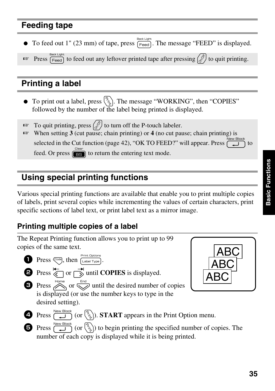 Feeding tape, Printing a label, Using special printing functions | Printing multiple copies of a label | Brother PT-7500 User Manual | Page 50 / 103