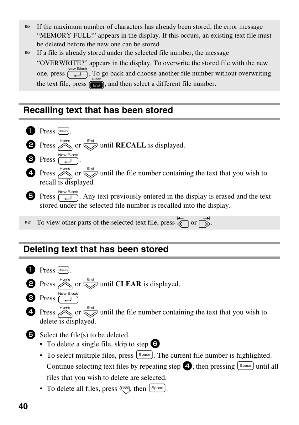 Recalling text that has been stored, Deleting text that has been stored | Brother PT-7500 User Manual | Page 55 / 103
