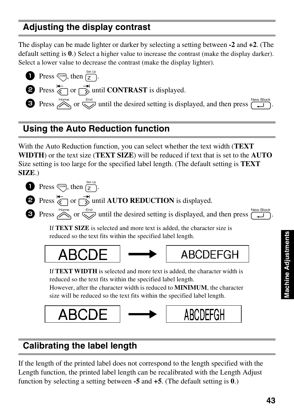 Adjusting the display contrast, Using the auto reduction function, Calibrating the label length | Brother PT-7500 User Manual | Page 58 / 103
