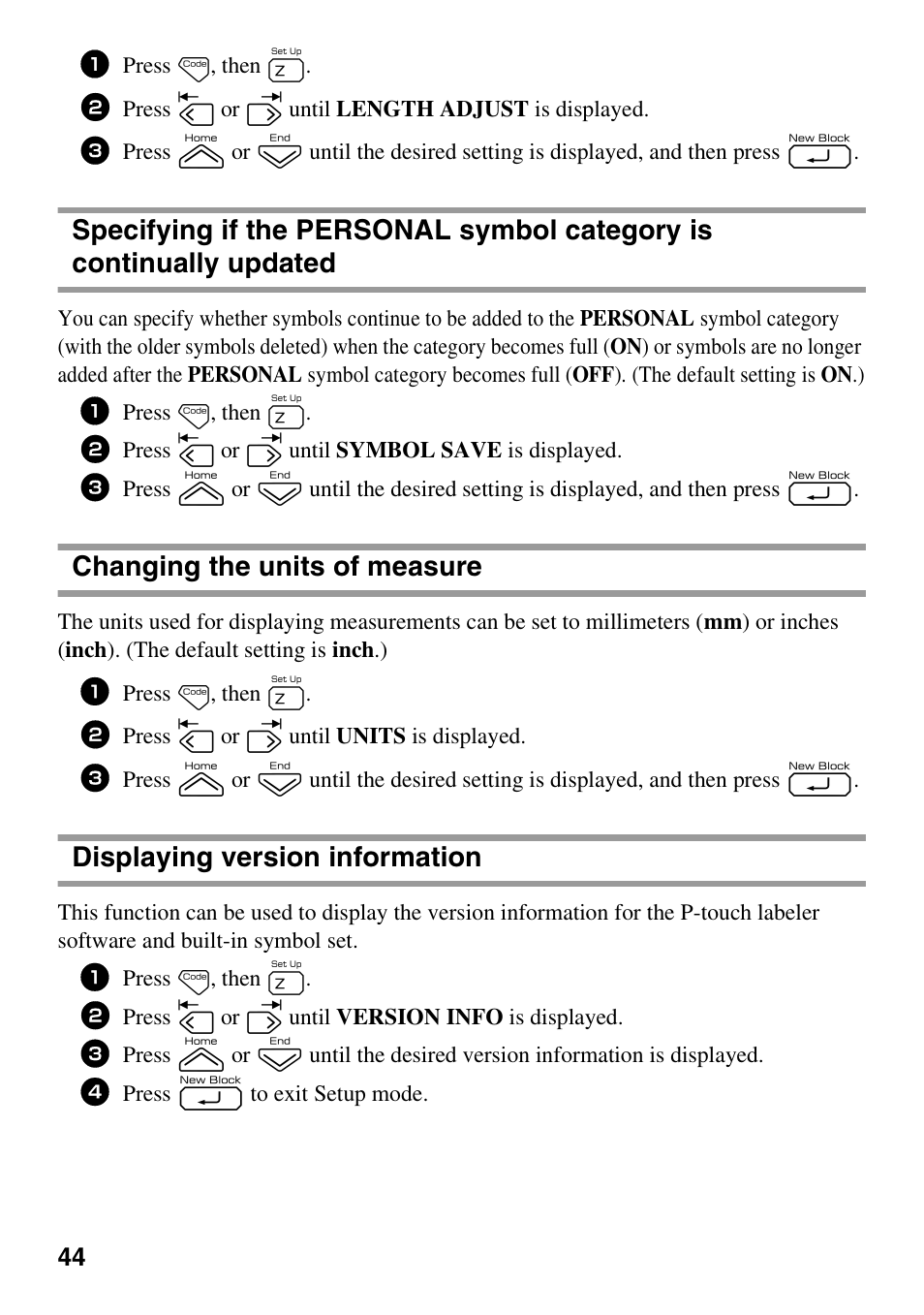Changing the units of measure, Displaying version information | Brother PT-7500 User Manual | Page 59 / 103