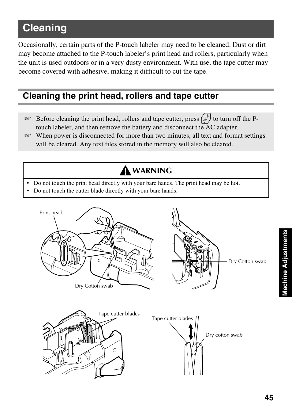 Cleaning, Cleaning the print head, rollers and tape cutter, Warning | Brother PT-7500 User Manual | Page 60 / 103