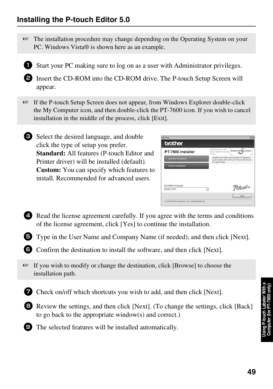 Installing the p-touch editor 5.0 | Brother PT-7500 User Manual | Page 64 / 103