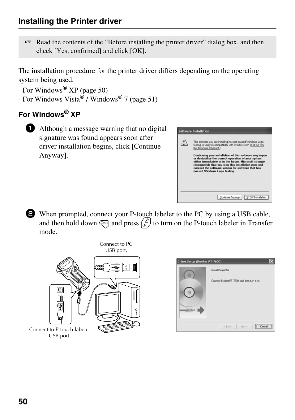 50 installing the printer driver | Brother PT-7500 User Manual | Page 65 / 103