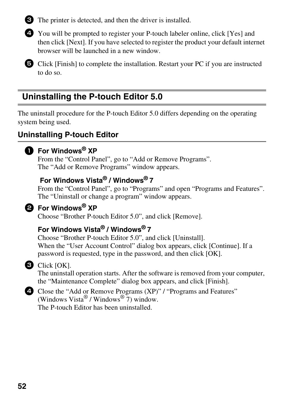 Uninstalling the p-touch editor 5.0, Uninstalling p-touch editor | Brother PT-7500 User Manual | Page 67 / 103
