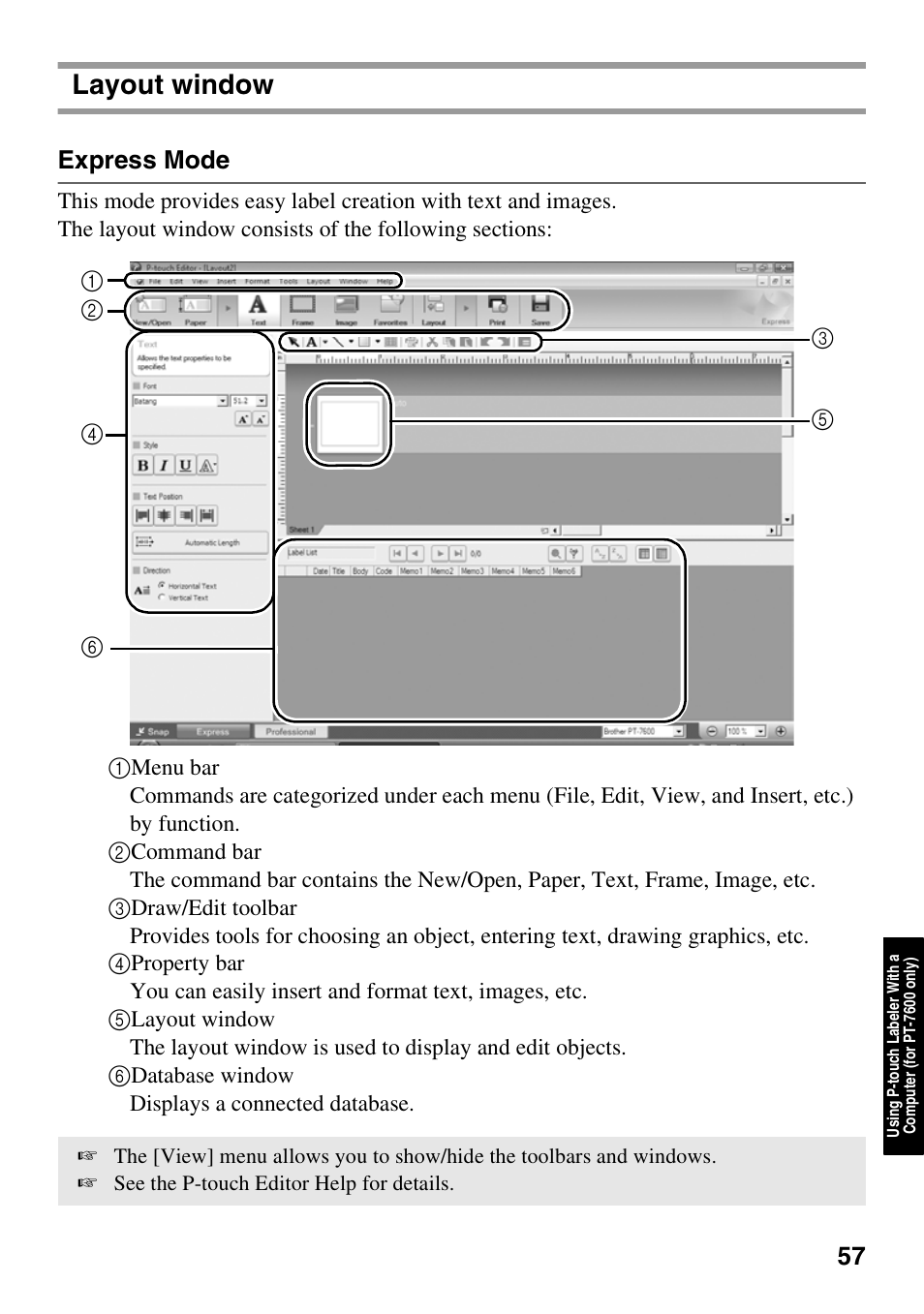 Layout window, Express mode | Brother PT-7500 User Manual | Page 72 / 103