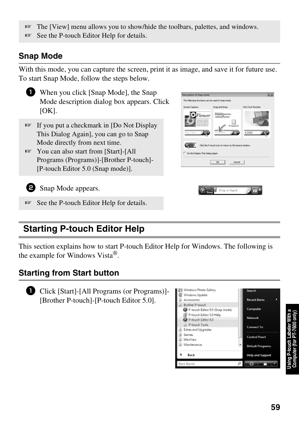 Starting p-touch editor help, Snap mode, Starting from start button | Snap mode appears | Brother PT-7500 User Manual | Page 74 / 103