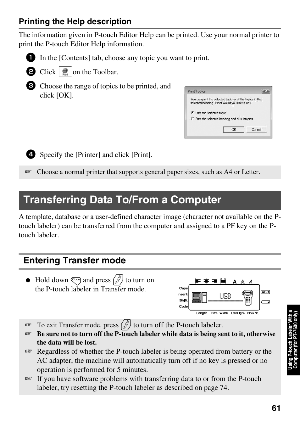 Transferring data to/from a computer, Entering transfer mode, Printing the help description | Brother PT-7500 User Manual | Page 76 / 103