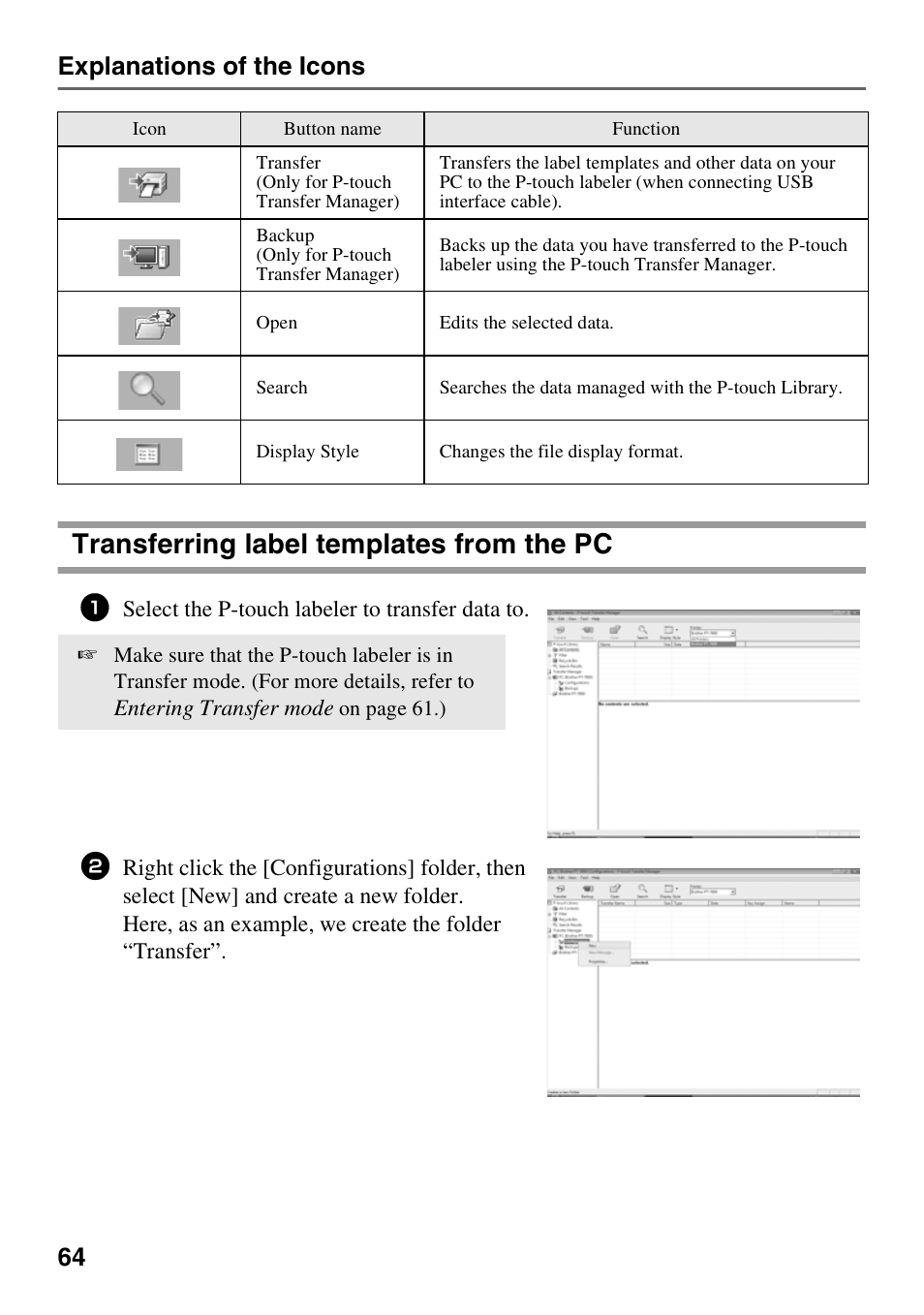Transferring label templates from the pc, 64 explanations of the icons | Brother PT-7500 User Manual | Page 79 / 103