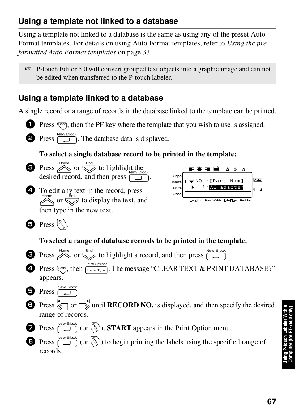 Using a template not linked to a database, Using a template linked to a database, Press n | Brother PT-7500 User Manual | Page 82 / 103