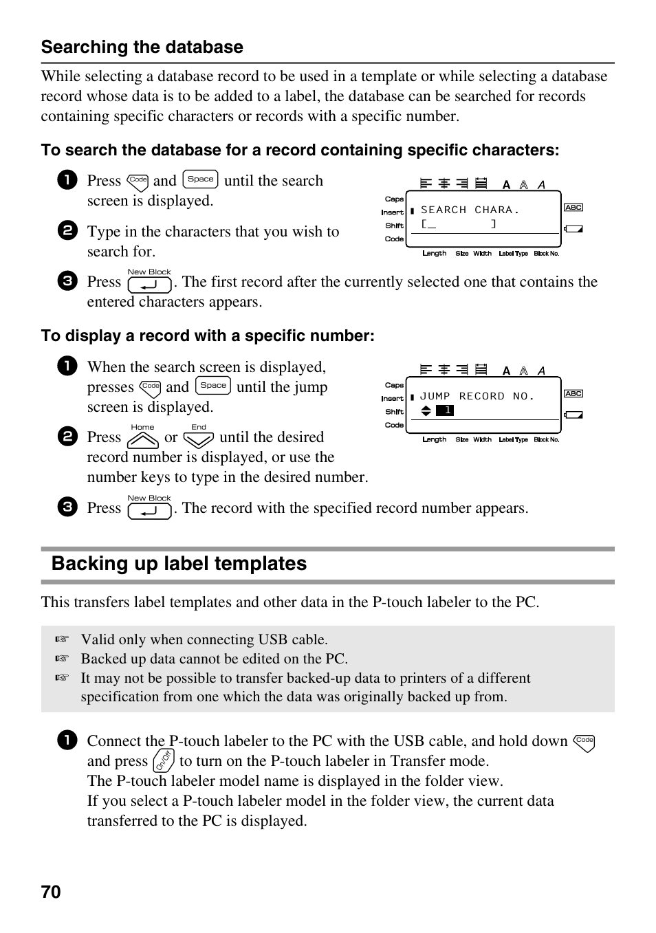 Backing up label templates, 70 searching the database | Brother PT-7500 User Manual | Page 85 / 103