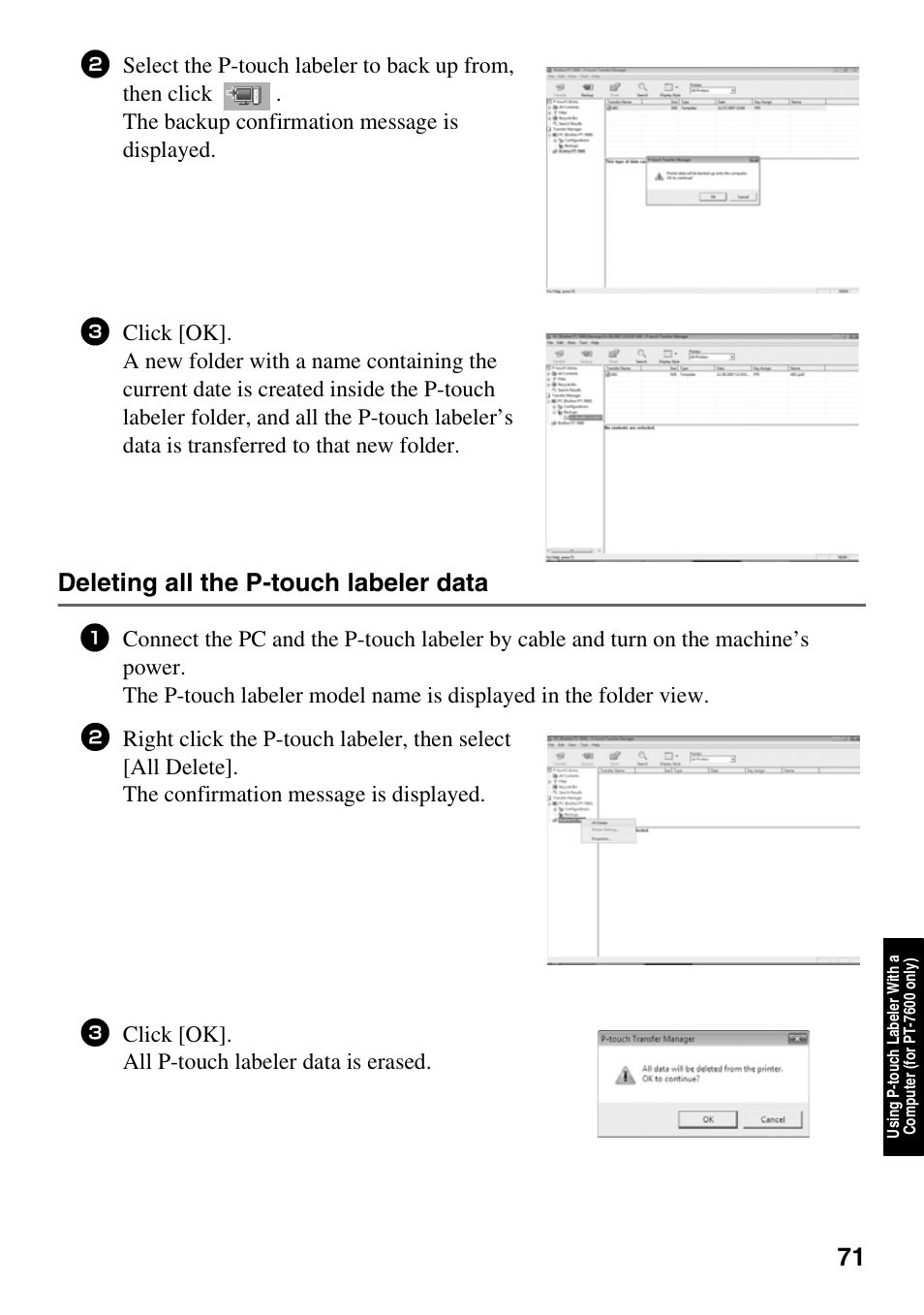 Deleting all the p-touch labeler data, Click [ok]. all p-touch labeler data is erased | Brother PT-7500 User Manual | Page 86 / 103