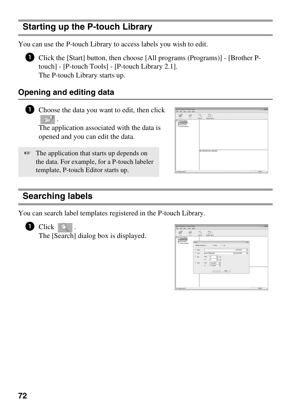Starting up the p-touch library, Searching labels, Opening and editing data | Brother PT-7500 User Manual | Page 87 / 103