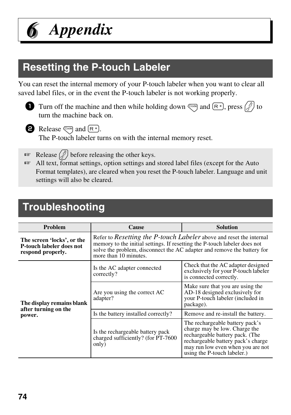 Appendix, Resetting the p-touch labeler, Troubleshooting | Brother PT-7500 User Manual | Page 89 / 103