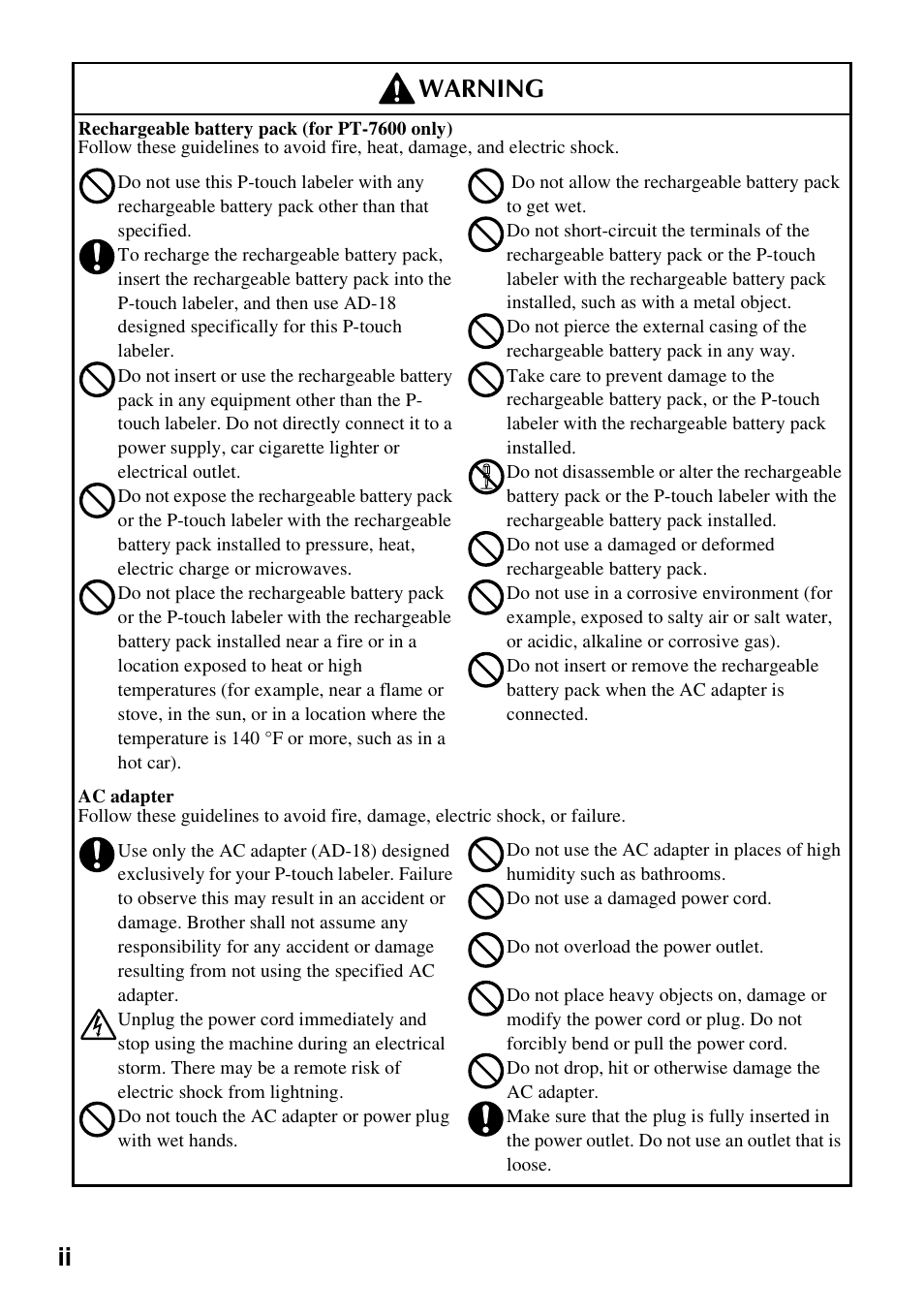 Ii warning | Brother PT-7500 User Manual | Page 9 / 103