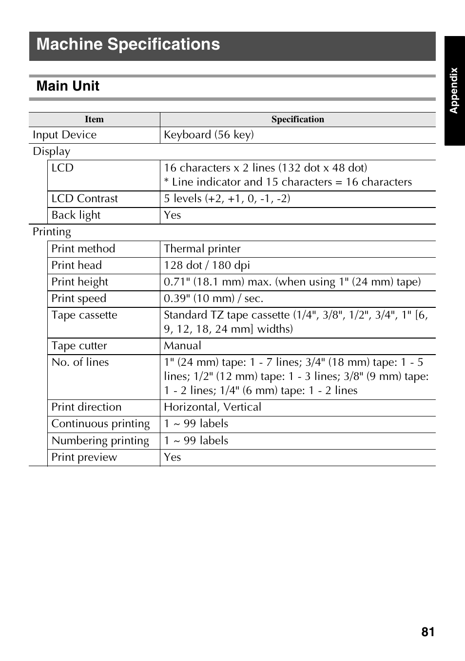 Machine specifications, Main unit | Brother PT-7500 User Manual | Page 96 / 103