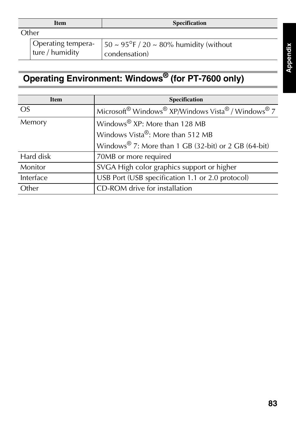 Operating environment: windows, For pt-7600 only) | Brother PT-7500 User Manual | Page 98 / 103