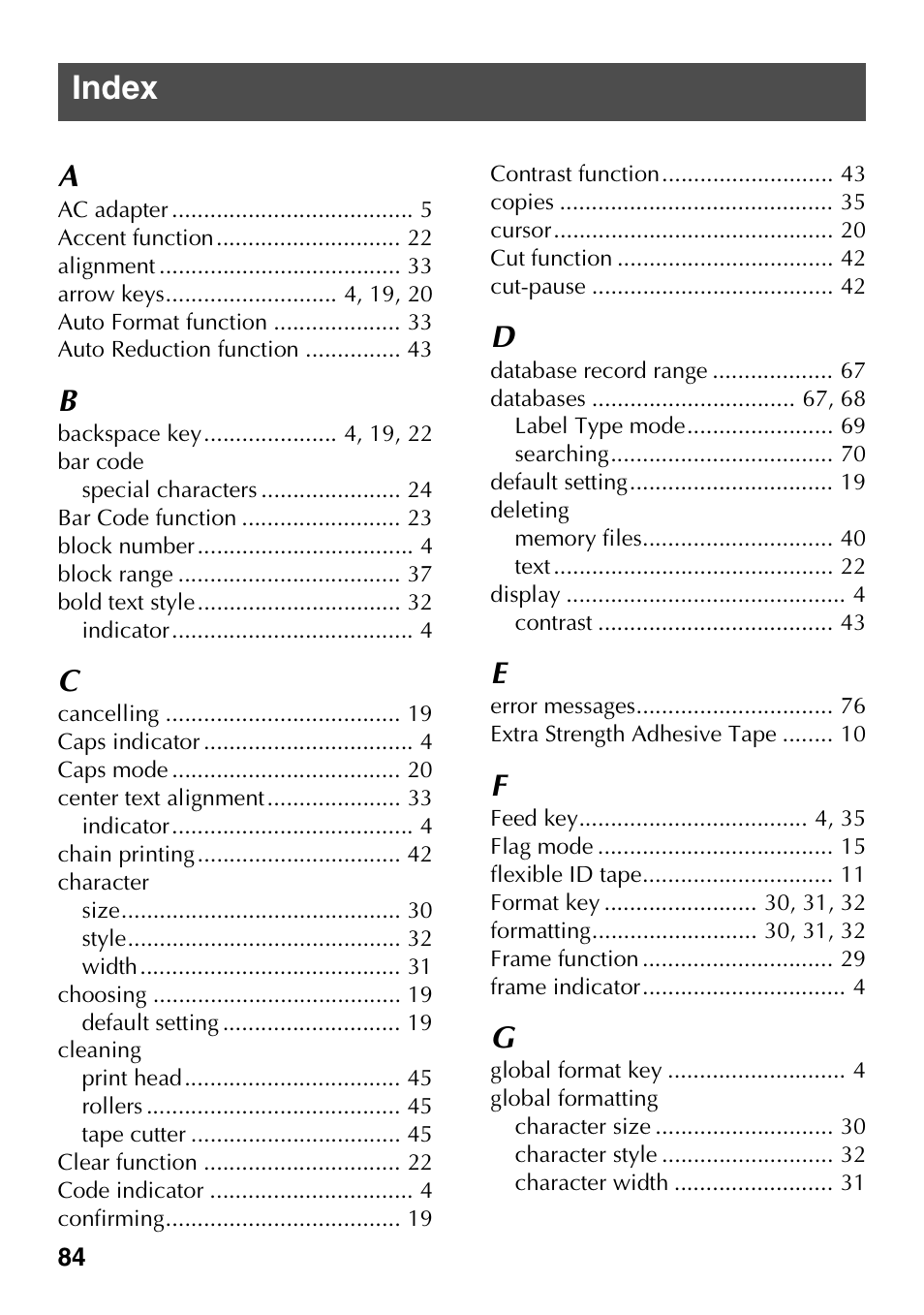Index | Brother PT-7500 User Manual | Page 99 / 103