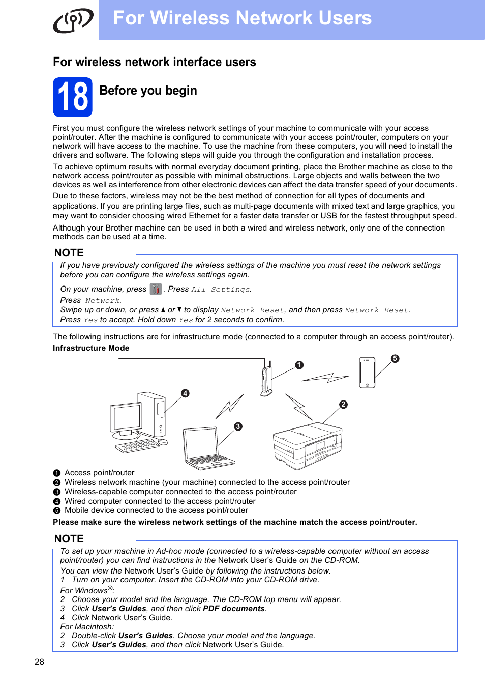 For wireless network interface users, 18 before you begin, For wireless network users | Before you begin | Brother MFC-J4710DW User Manual | Page 28 / 46